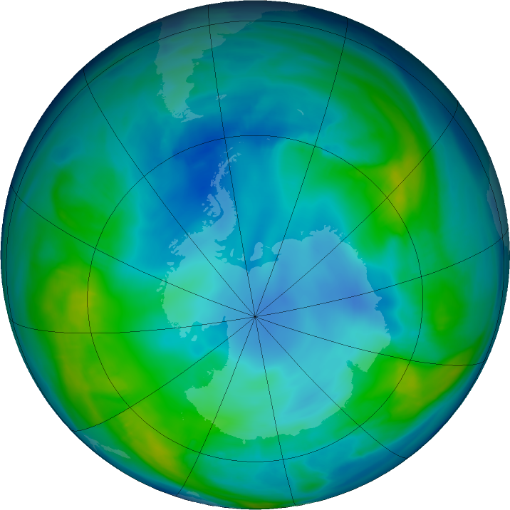 Antarctic ozone map for 08 May 2016